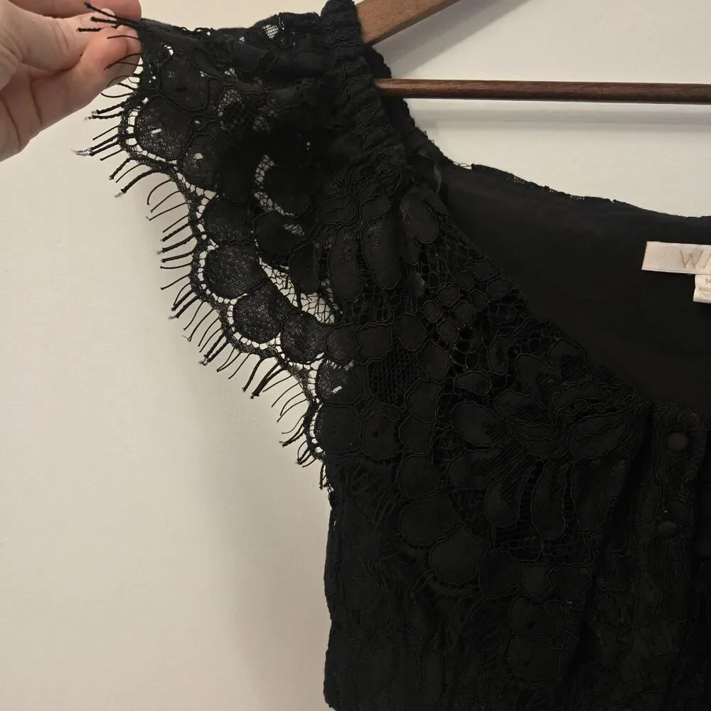 Wayf Black Lace Corset Crop Top M Button Up Eyelash Fringe Whimsigoth Fairy Dark